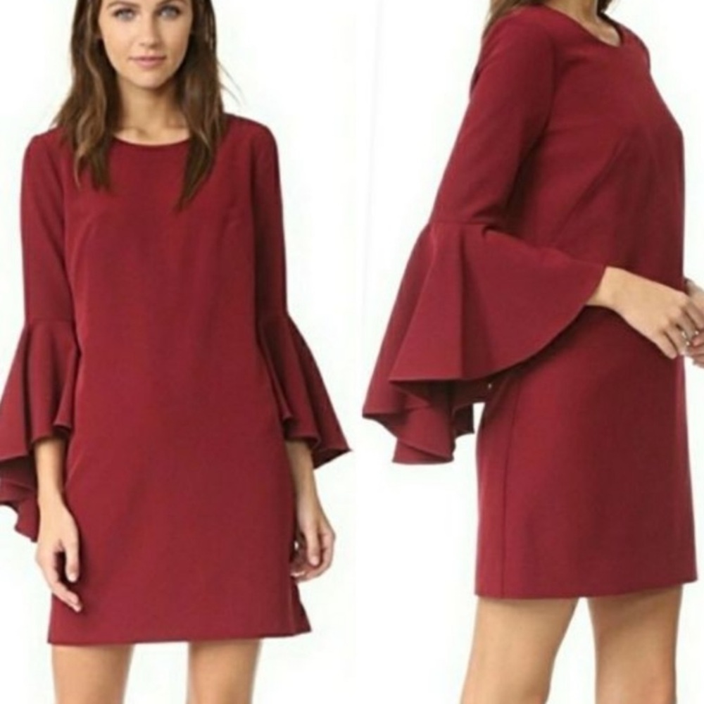 MILLY Cady Burgundy Italian Crepe Bell Sleeve Round Neck Mini Holiday Dress 12